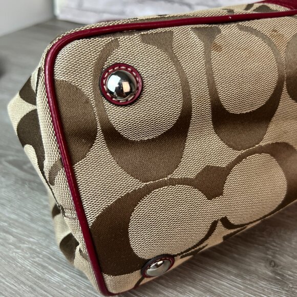 Coach Framed Kiss lock Carryall Tan And Red Stripe F17424 Signature Purse - Picture 3 of 6